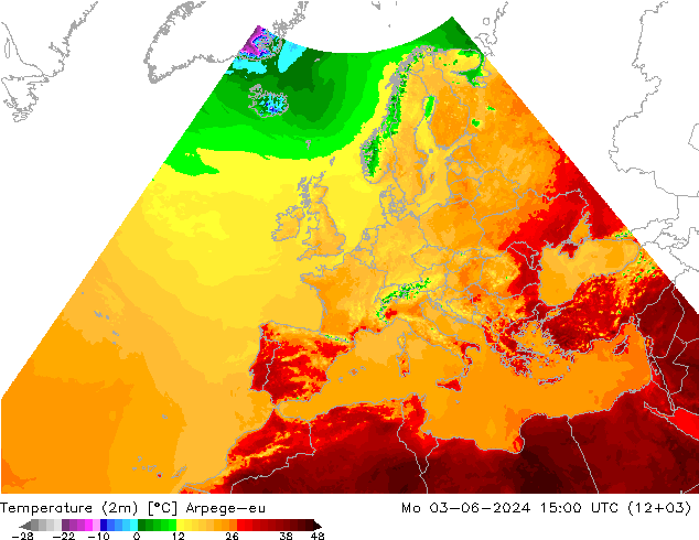 température (2m) Arpege-eu lun 03.06.2024 15 UTC