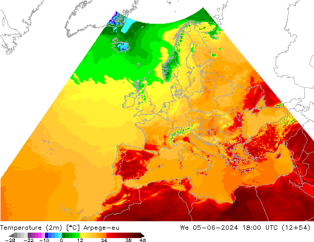 Temperaturkarte (2m) Arpege-eu Mi 05.06.2024 18 UTC