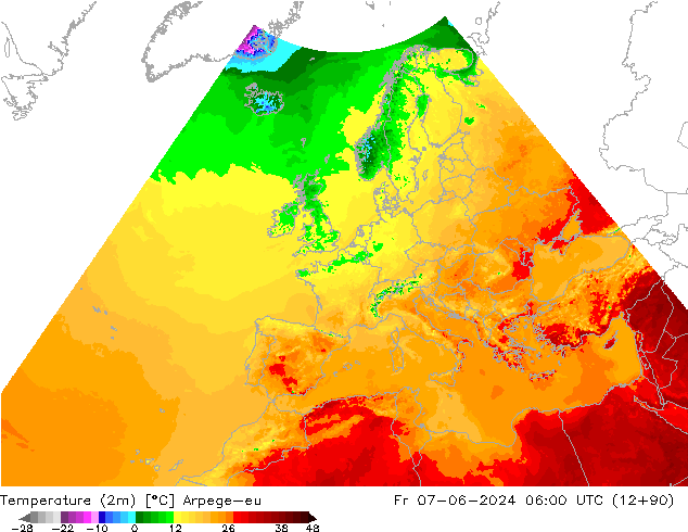 mapa temperatury (2m) Arpege-eu pt. 07.06.2024 06 UTC