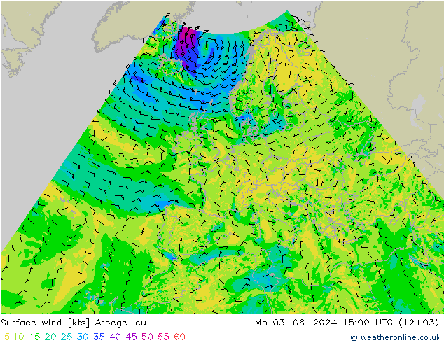 Surface wind Arpege-eu Mo 03.06.2024 15 UTC