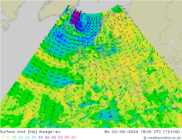 wiatr 10 m Arpege-eu pon. 03.06.2024 18 UTC