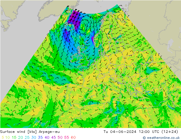 Surface wind Arpege-eu Út 04.06.2024 12 UTC