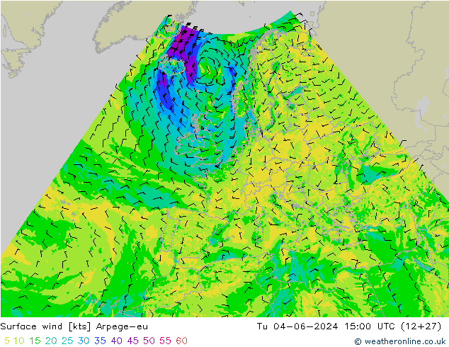 Vento 10 m Arpege-eu mar 04.06.2024 15 UTC