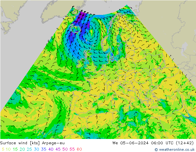 Vento 10 m Arpege-eu mer 05.06.2024 06 UTC