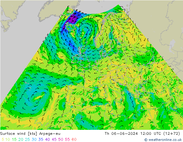 Surface wind Arpege-eu Th 06.06.2024 12 UTC