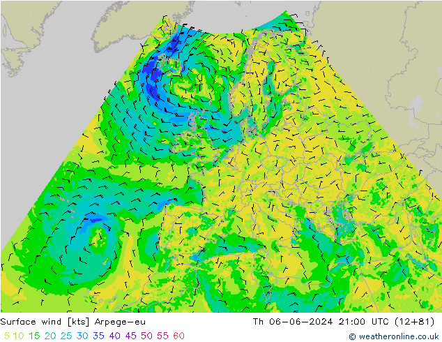 Surface wind Arpege-eu Čt 06.06.2024 21 UTC