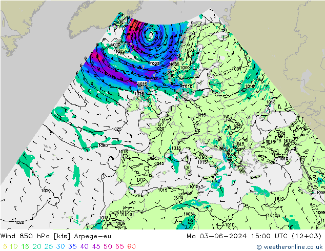 Vento 850 hPa Arpege-eu Seg 03.06.2024 15 UTC