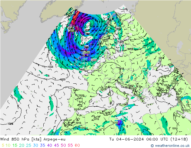 Wind 850 hPa Arpege-eu Di 04.06.2024 06 UTC