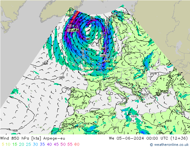 Vent 850 hPa Arpege-eu mer 05.06.2024 00 UTC