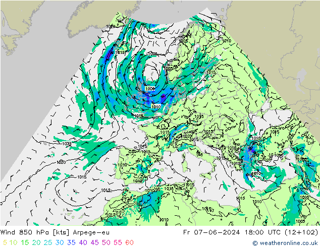 Wind 850 hPa Arpege-eu Fr 07.06.2024 18 UTC