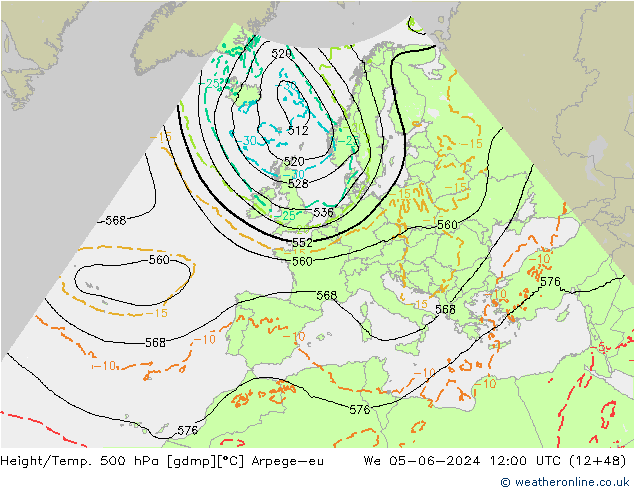 Height/Temp. 500 hPa Arpege-eu śro. 05.06.2024 12 UTC