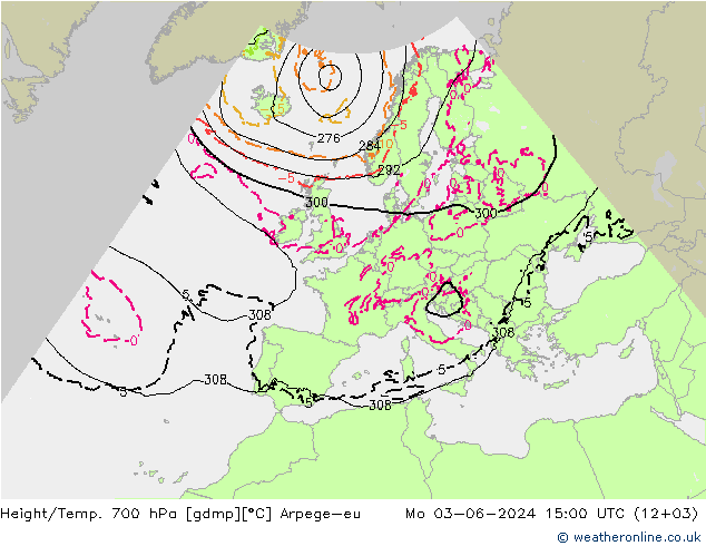 Height/Temp. 700 hPa Arpege-eu 星期一 03.06.2024 15 UTC