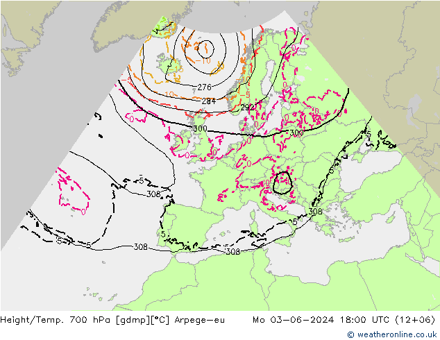 Height/Temp. 700 hPa Arpege-eu 星期一 03.06.2024 18 UTC