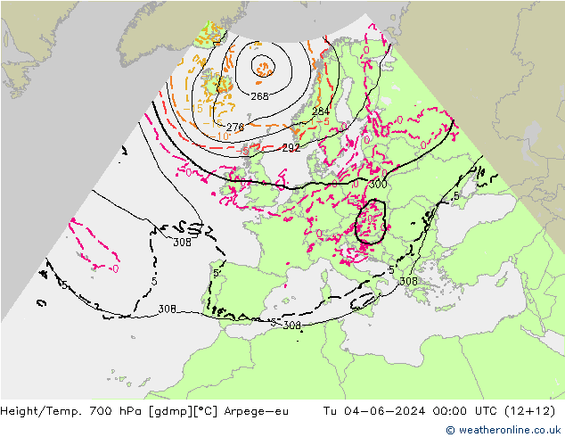 Height/Temp. 700 hPa Arpege-eu Út 04.06.2024 00 UTC