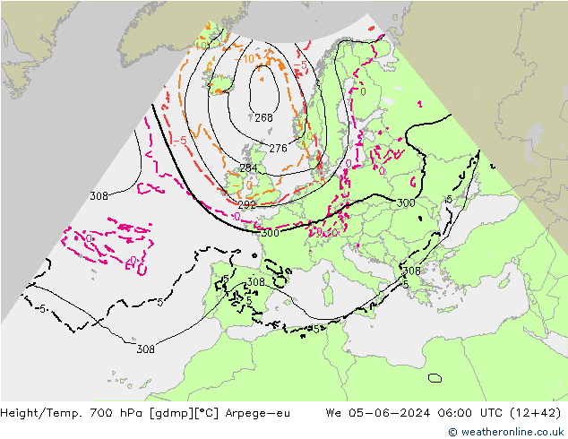 Height/Temp. 700 hPa Arpege-eu We 05.06.2024 06 UTC