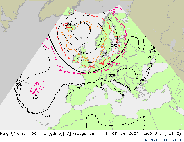 Height/Temp. 700 hPa Arpege-eu Th 06.06.2024 12 UTC