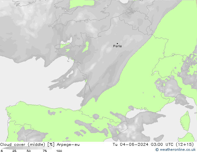 Cloud cover (middle) Arpege-eu Tu 04.06.2024 03 UTC