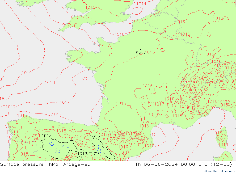 Surface pressure Arpege-eu Th 06.06.2024 00 UTC