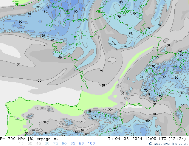 RH 700 hPa Arpege-eu Tu 04.06.2024 12 UTC