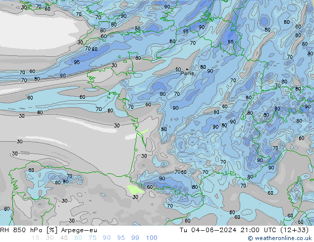 850 hPa Nispi Nem Arpege-eu Sa 04.06.2024 21 UTC