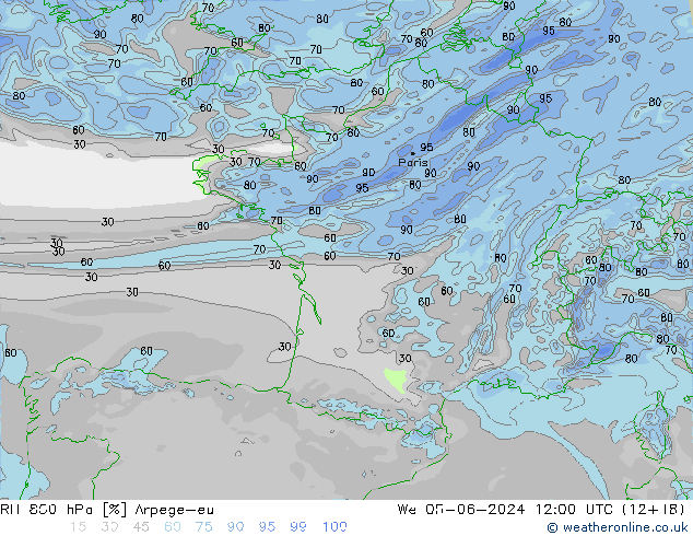 RH 850 hPa Arpege-eu Mi 05.06.2024 12 UTC