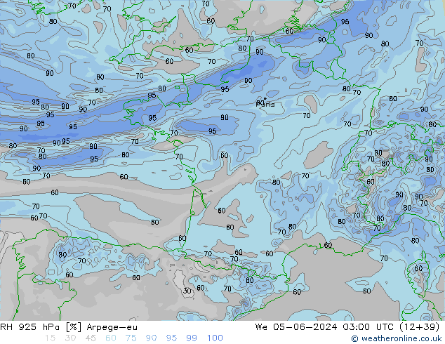 RH 925 hPa Arpege-eu mer 05.06.2024 03 UTC