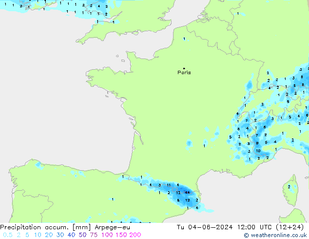 Precipitation accum. Arpege-eu Tu 04.06.2024 12 UTC