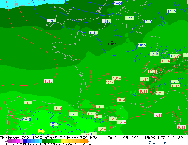 Thck 700-1000 hPa Arpege-eu mar 04.06.2024 18 UTC