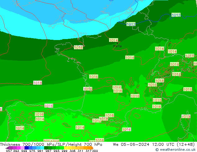 Thck 700-1000 hPa Arpege-eu śro. 05.06.2024 12 UTC