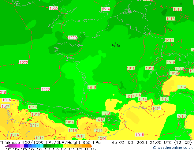 Dikte 850-1000 hPa Arpege-eu ma 03.06.2024 21 UTC