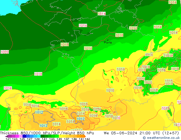 Schichtdicke 850-1000 hPa Arpege-eu Mi 05.06.2024 21 UTC