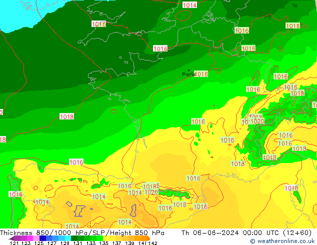 850-1000 hPa Kalınlığı Arpege-eu Per 06.06.2024 00 UTC