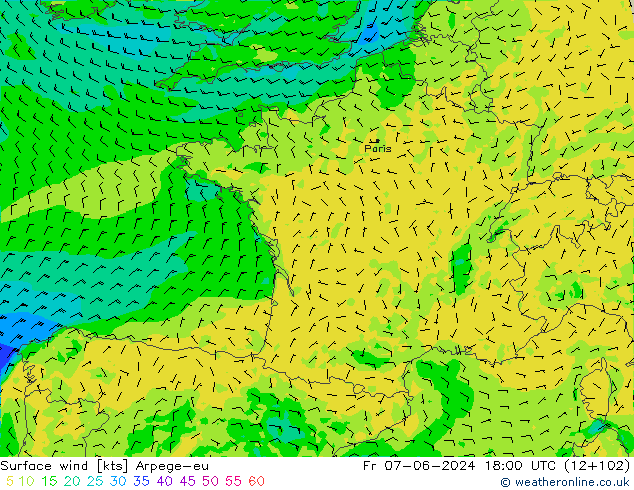 Viento 10 m Arpege-eu vie 07.06.2024 18 UTC