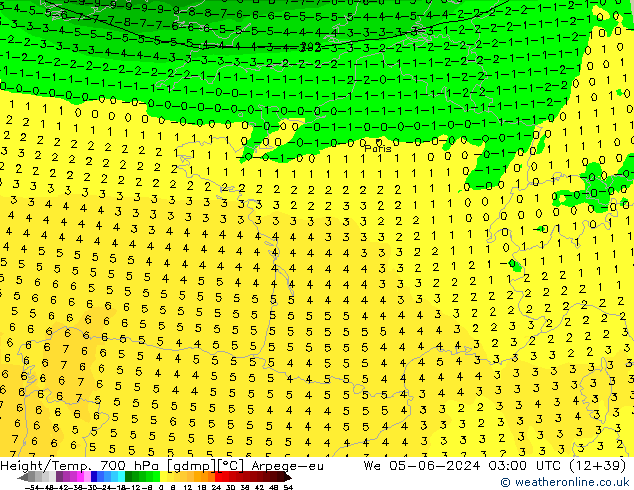 Height/Temp. 700 hPa Arpege-eu We 05.06.2024 03 UTC