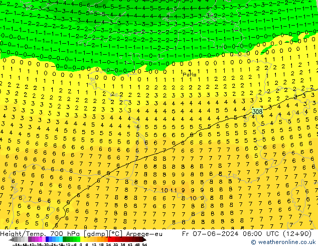 Height/Temp. 700 hPa Arpege-eu pt. 07.06.2024 06 UTC