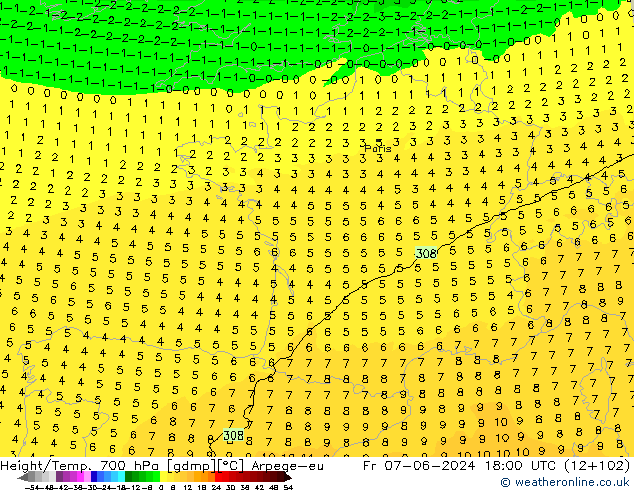 Height/Temp. 700 hPa Arpege-eu Fr 07.06.2024 18 UTC