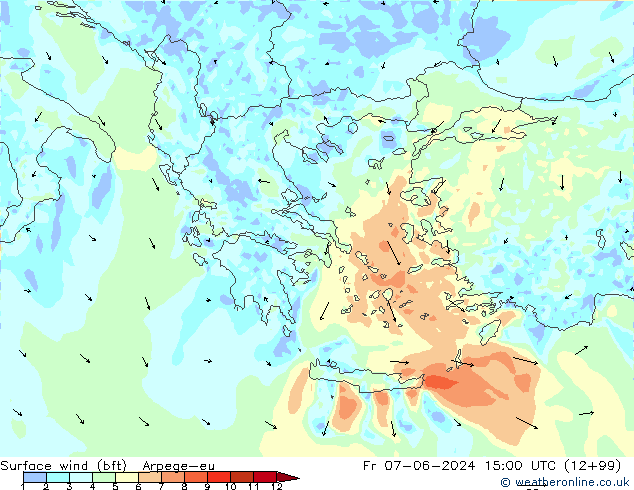 Viento 10 m (bft) Arpege-eu vie 07.06.2024 15 UTC
