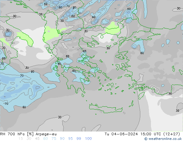 RH 700 hPa Arpege-eu Út 04.06.2024 15 UTC