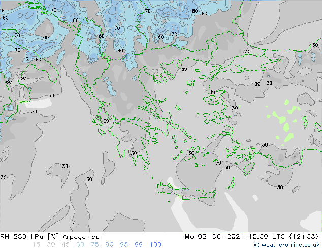 Humidité rel. 850 hPa Arpege-eu lun 03.06.2024 15 UTC
