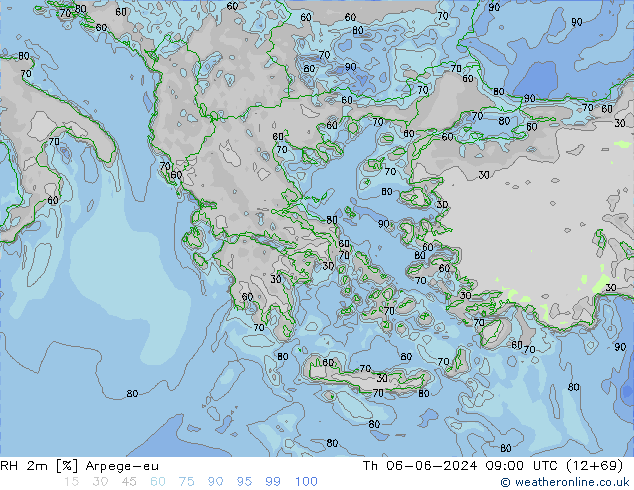 Humedad rel. 2m Arpege-eu jue 06.06.2024 09 UTC