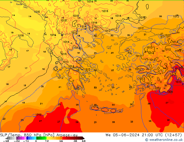 850 hPa Yer Bas./Sıc Arpege-eu Çar 05.06.2024 21 UTC