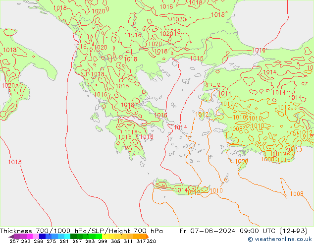 Espesor 700-1000 hPa Arpege-eu vie 07.06.2024 09 UTC