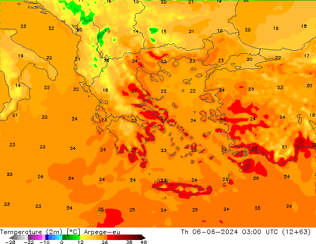 Temperatura (2m) Arpege-eu jue 06.06.2024 03 UTC