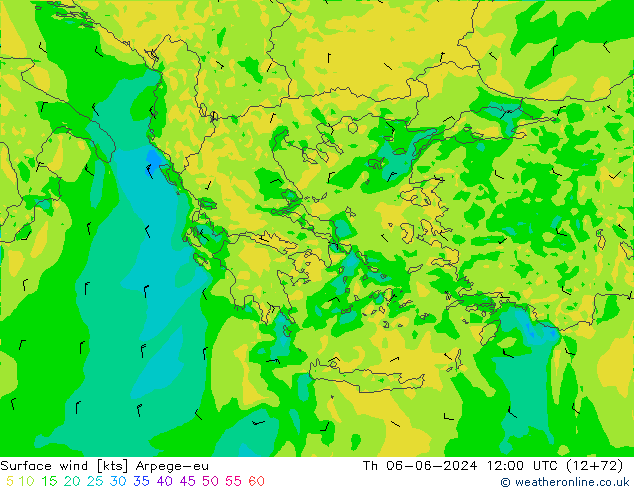 Vento 10 m Arpege-eu Qui 06.06.2024 12 UTC