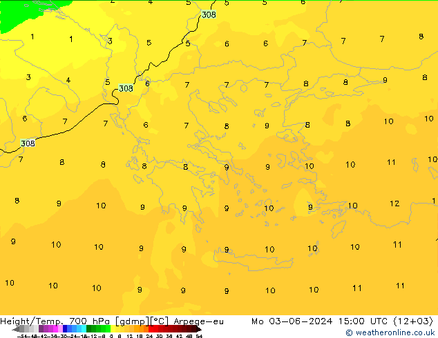 Height/Temp. 700 hPa Arpege-eu Mo 03.06.2024 15 UTC