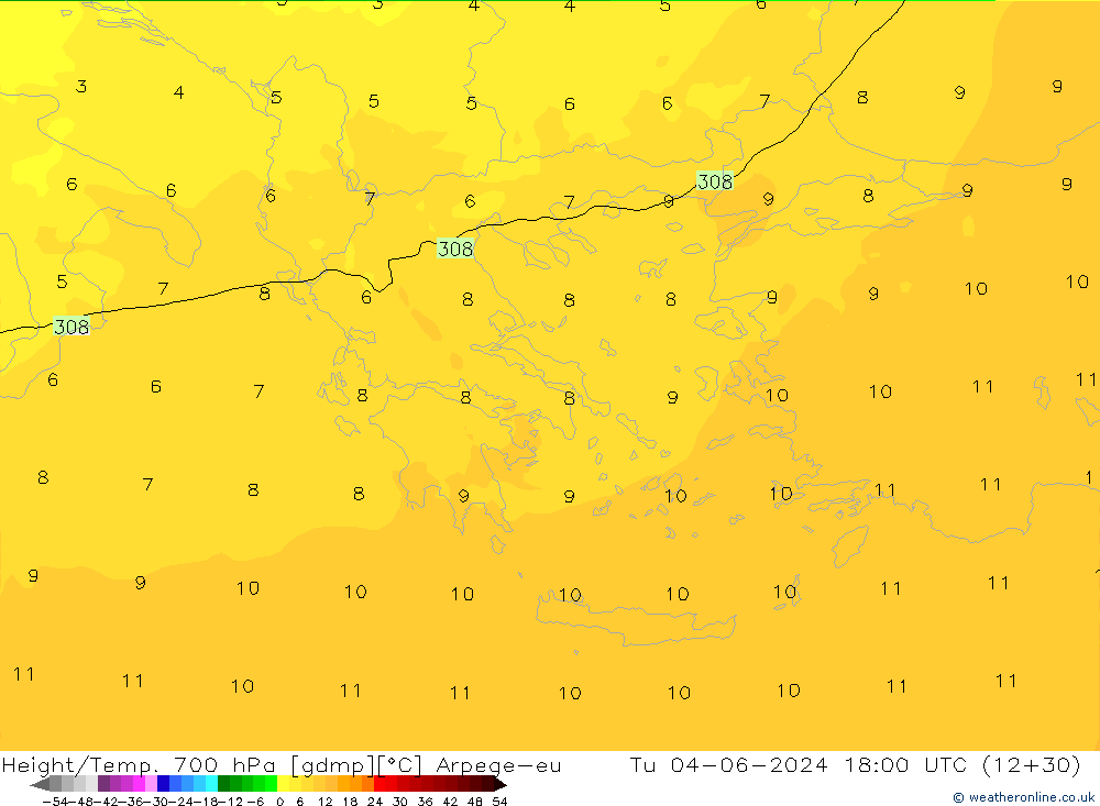 Hoogte/Temp. 700 hPa Arpege-eu di 04.06.2024 18 UTC