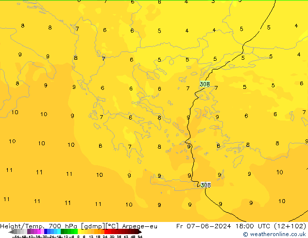 Height/Temp. 700 hPa Arpege-eu ven 07.06.2024 18 UTC