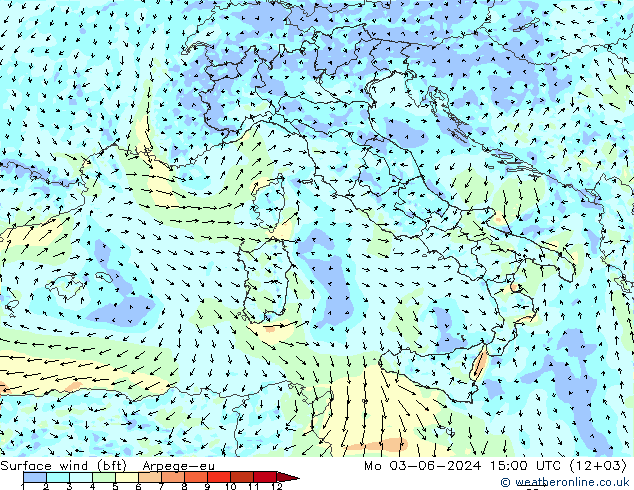 Vento 10 m (bft) Arpege-eu lun 03.06.2024 15 UTC