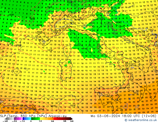 SLP/Temp. 850 hPa Arpege-eu Seg 03.06.2024 18 UTC