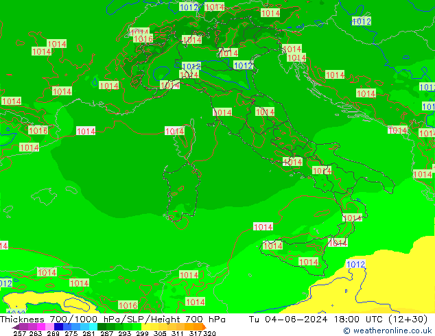 Thck 700-1000 hPa Arpege-eu  04.06.2024 18 UTC